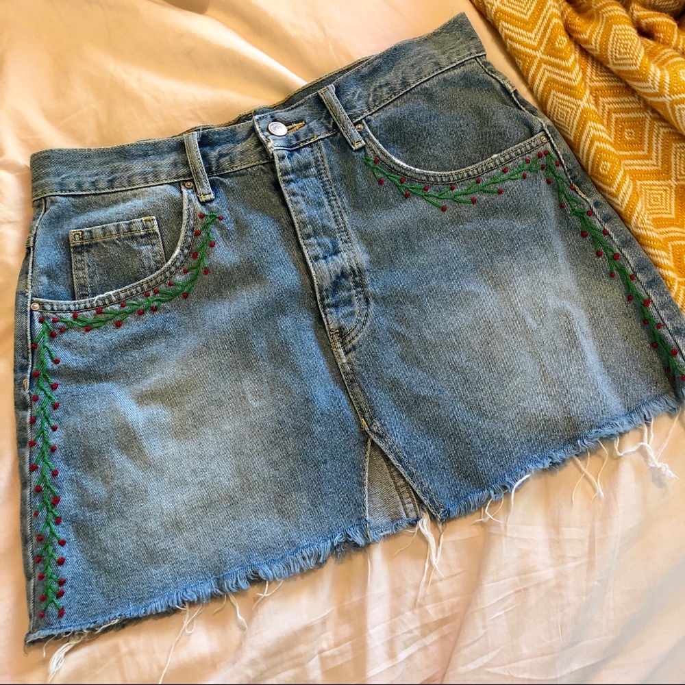 Hand Embroidered Distressed Boho Denim Mini Skirt